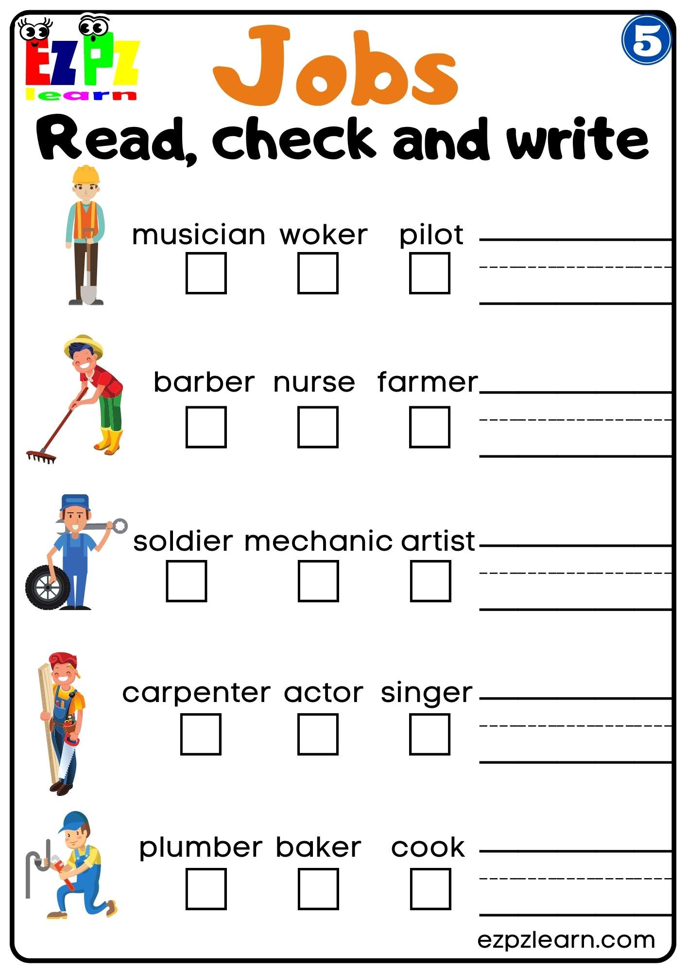 G5 Jobs Careers Read Check and Write Worksheet for K5 and ESL Students
